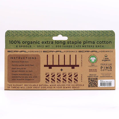 SCANFIL® 50wt Organic Pima Cotton Thread Set - 6ct 500yd Spools & Wood Rack - Trendy Holiday