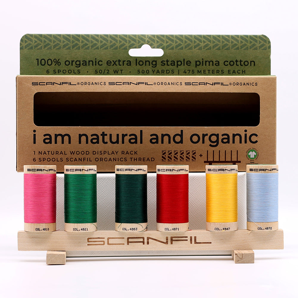 SCANFIL® 50wt Organic Pima Cotton Thread Set - 6ct 500yd Spools & Wood Rack - Trendy Holiday Folded