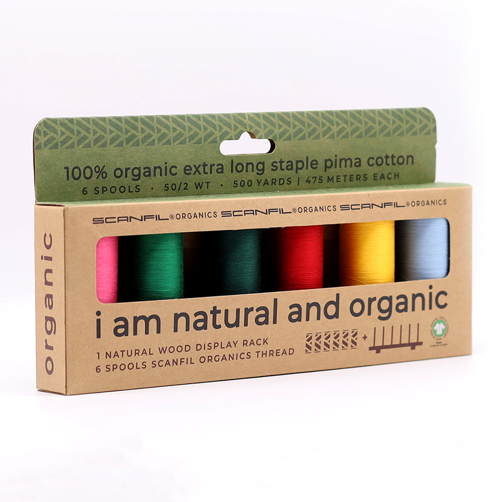 SCANFIL® 50wt Organic Pima Cotton Thread Set - 6ct 500yd Spools & Wood Rack - Trendy Holiday - Package