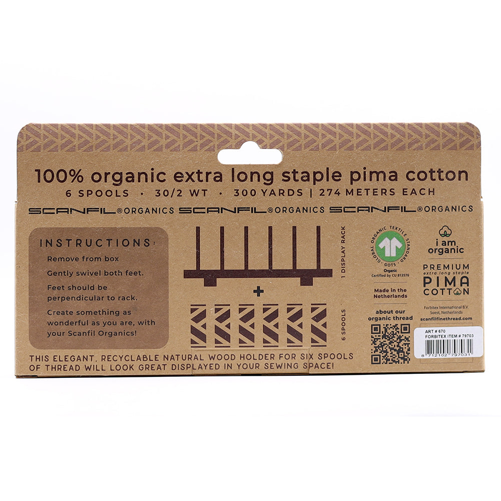 SCANFIL® 30wt Organic Pima Cotton Thread Set - 6ct 300yd Spools & Wood Rack - Pastels - Folded