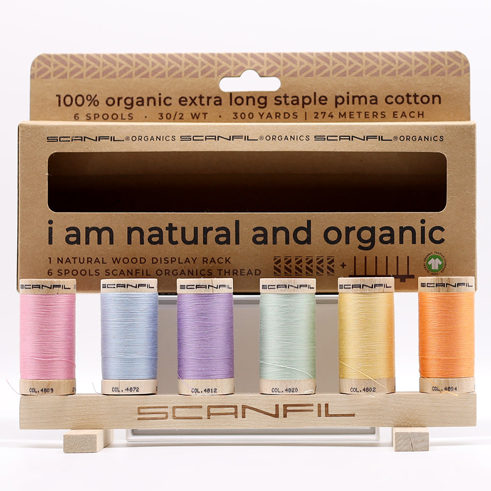 SCANFIL® 30wt Organic Pima Cotton Thread Set - 6ct 300yd Spools & Wood Rack - Pastels - Detail