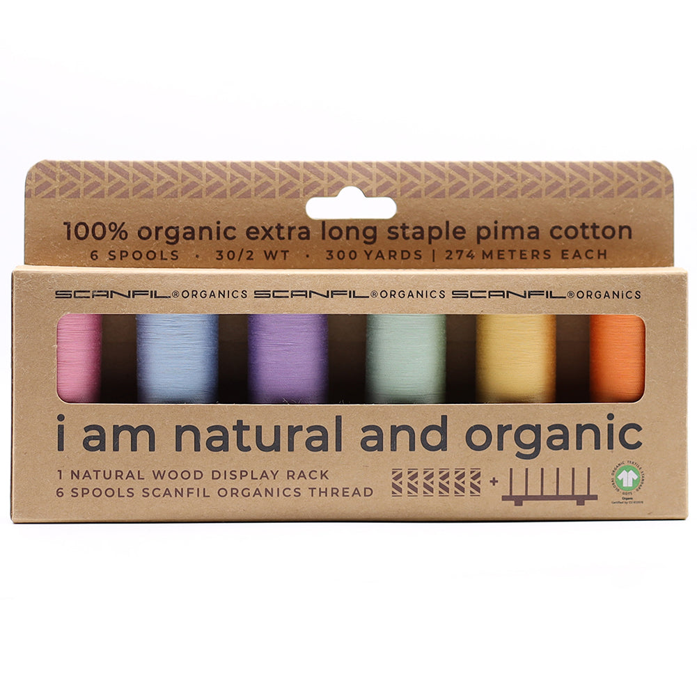 SCANFIL® 30wt Organic Pima Cotton Thread Set - 6ct 300yd Spools & Wood Rack - Pastels - Drape