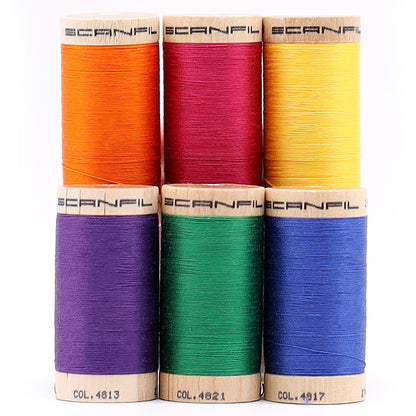SCANFIL® 30wt Organic Pima Cotton Thread Set - 6ct 300yd Spools & Wood Rack - Jewel Tones Full