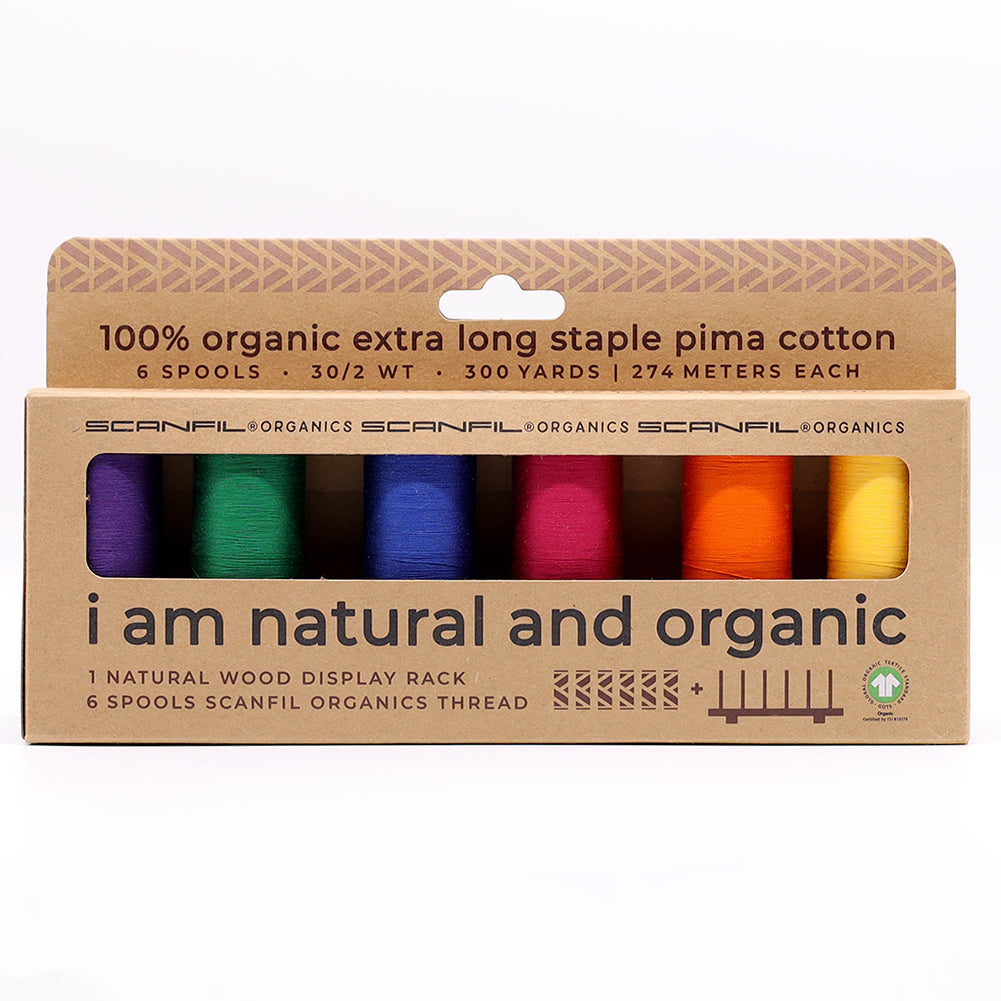 SCANFIL® 30wt Organic Pima Cotton Thread Set - 6ct 300yd Spools & Wood Rack - Jewel Tones Drape