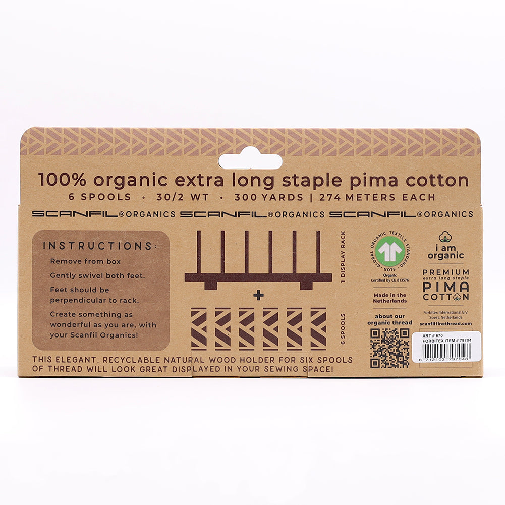 SCANFIL® 30wt Organic Pima Cotton Thread Set - 6ct 300yd Spools & Wood Rack - Jewel Tones Drape