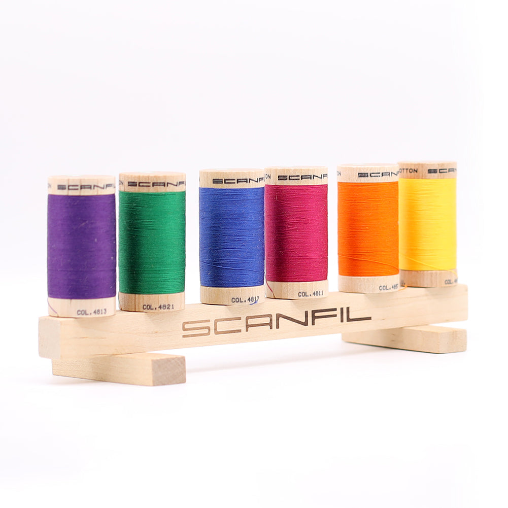 SCANFIL® 30wt Organic Pima Cotton Thread Set - 6ct 300yd Spools & Wood Rack - Jewel Tones Package