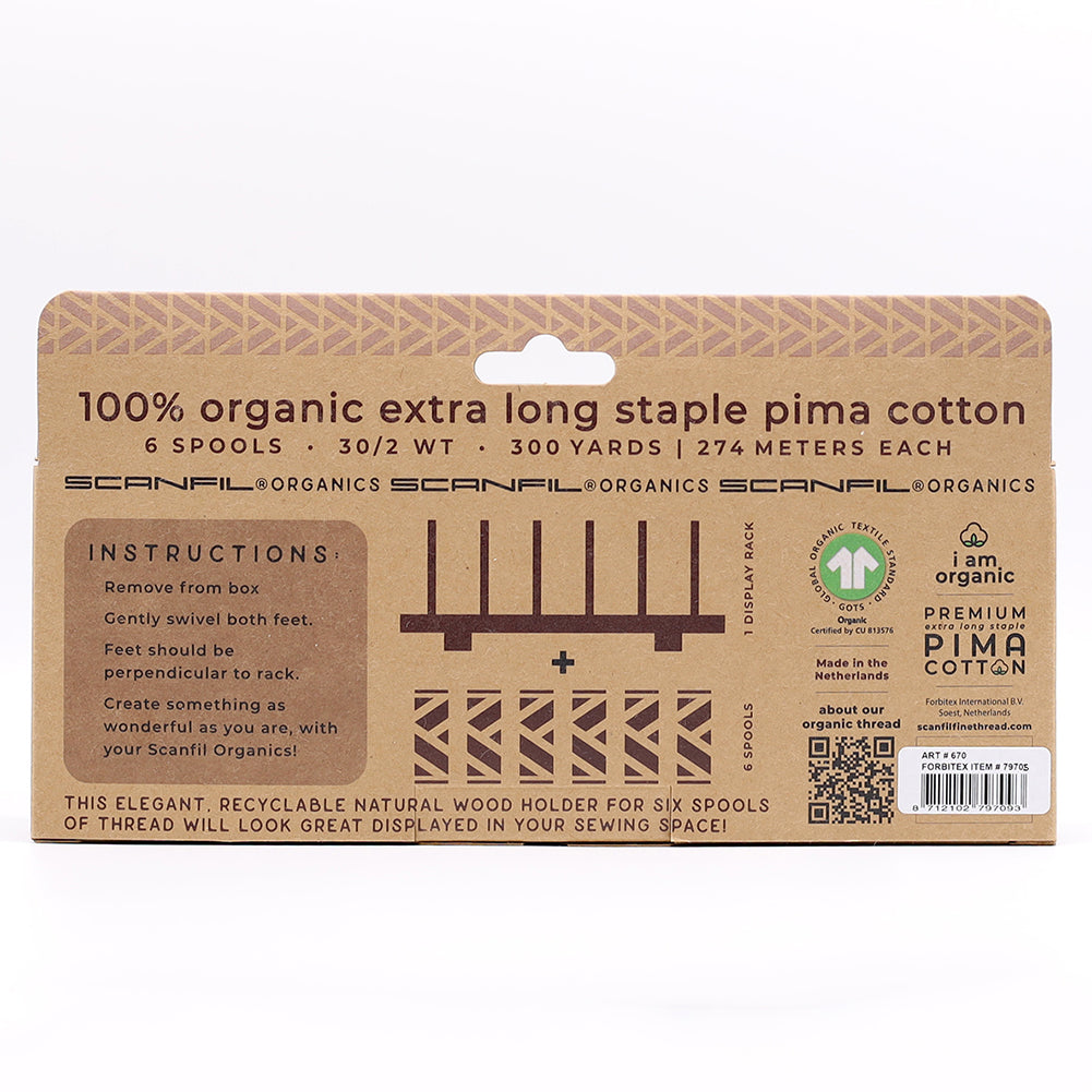 SCANFIL® 30wt Organic Pima Cotton Thread Set - 6ct 300yd Spools & Wood Rack - Harvest Time Folded