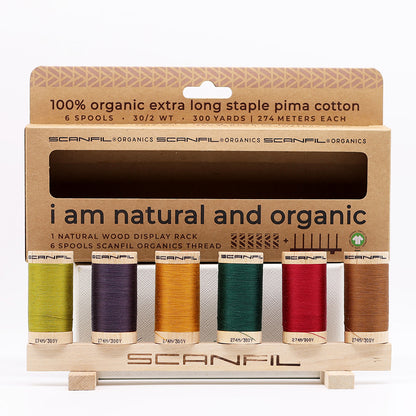 SCANFIL® 30wt Organic Pima Cotton Thread Set - 6ct 300yd Spools & Wood Rack - Harvest Time Folded
