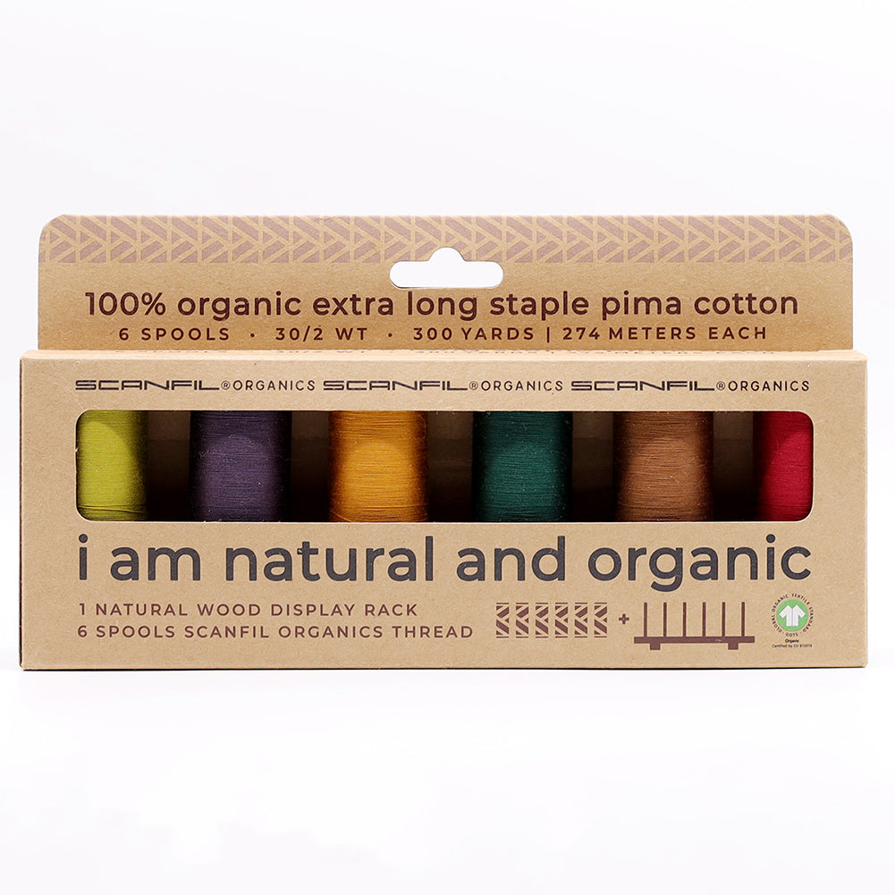 SCANFIL® 30wt Organic Pima Cotton Thread Set - 6ct 300yd Spools & Wood Rack - Harvest Time Drape
