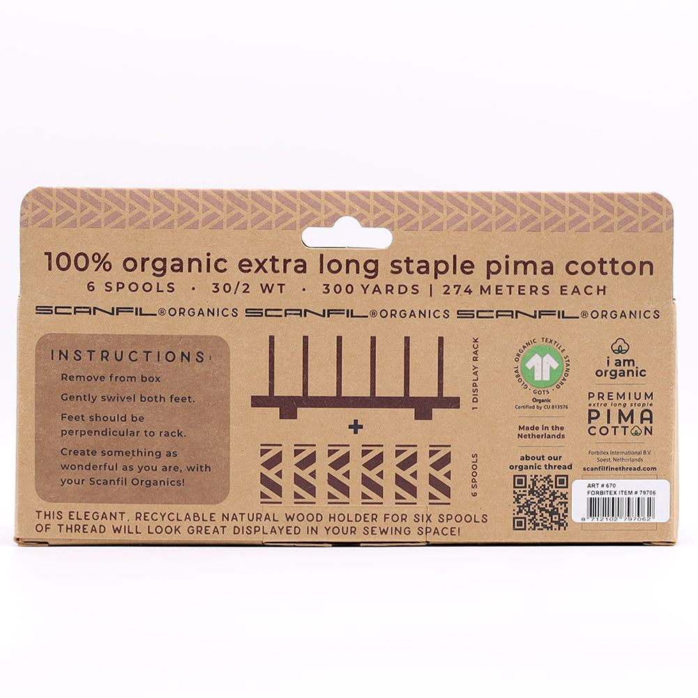 SCANFIL® 30wt Organic Pima Cotton Thread Set - 6ct 300yd Spools & Wood Rack - Fashion Mix - Folded
