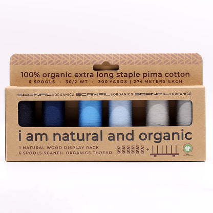 SCANFIL® 30wt Organic Pima Cotton Thread Set - 6ct 300yd Spools & Wood Rack - Frosty Winter Drape