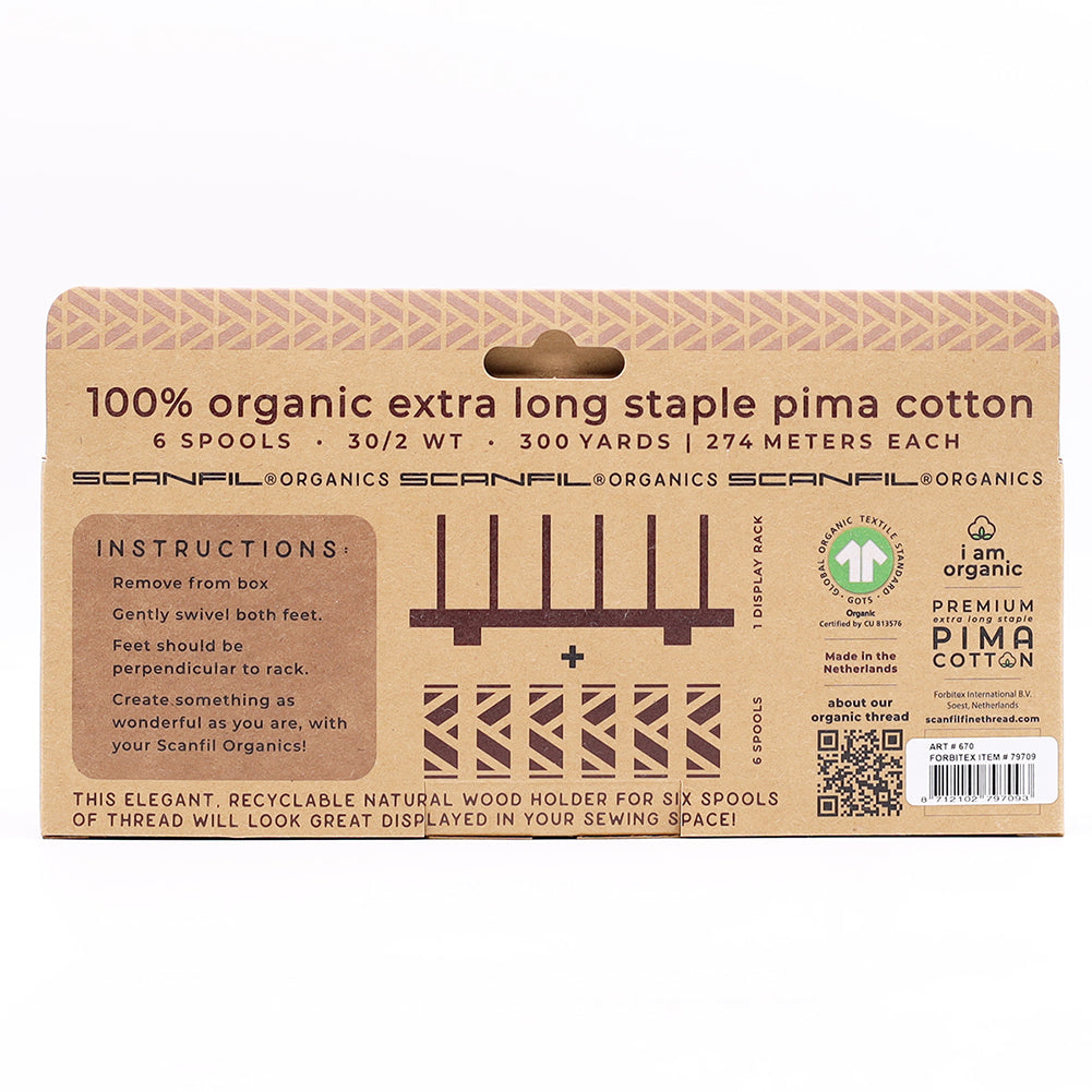 SCANFIL® 30wt Organic Pima Cotton Thread Set - 6ct 300yd Spools & Wood Rack - Holiday Traditions Folded
