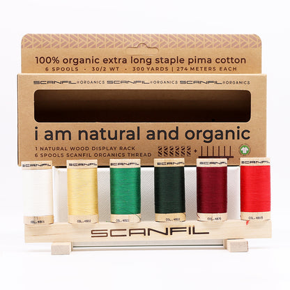 SCANFIL® 30wt Organic Pima Cotton Thread Set - 6ct 300yd Spools & Wood Rack - Holiday Traditions Folded