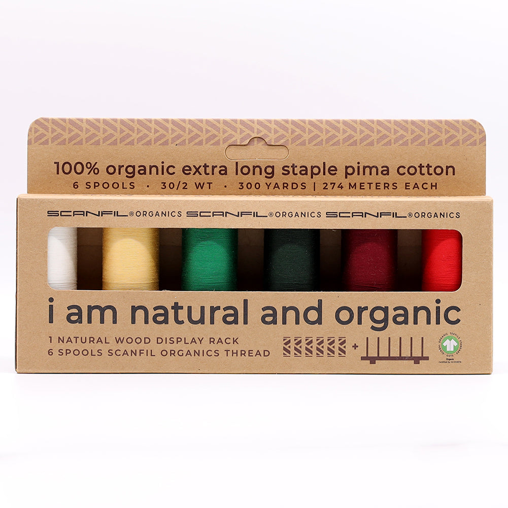SCANFIL® 30wt Organic Pima Cotton Thread Set - 6ct 300yd Spools & Wood Rack - Holiday Traditions Drape