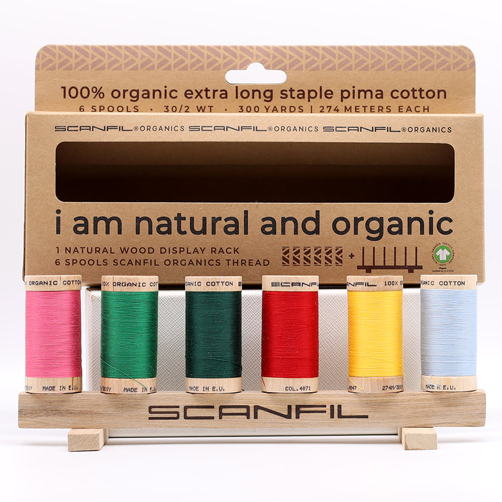 SCANFIL® 30wt Organic Pima Cotton Thread Set - 6ct 300yd Spools & Wood Rack - Trendy Holiday Folded