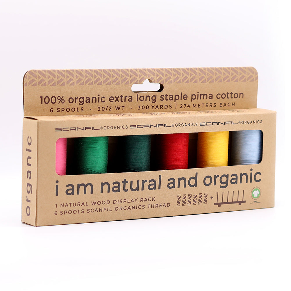 SCANFIL® 30wt Organic Pima Cotton Thread Set - 6ct 300yd Spools & Wood Rack - Trendy Holiday - Packaged - Image 11 of 11