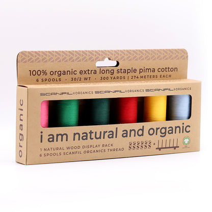 SCANFIL® 30wt Organic Pima Cotton Thread Set - 6ct 300yd Spools & Wood Rack - Trendy Holiday