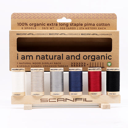 SCANFIL® 30wt Organic Pima Cotton Thread Set - 6ct 300yd Spools & Wood Rack - Neutrals Folded