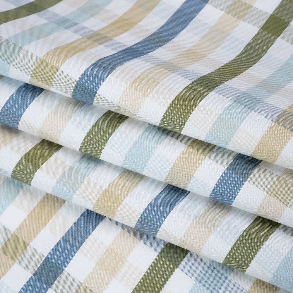 Cotton Oxford Shirting - Blue, Olive Green and Beige Plaid - Deadstock - Folded