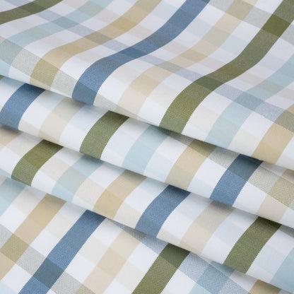 Cotton Oxford Shirting - Blue, Olive Green and Beige Plaid - Deadstock