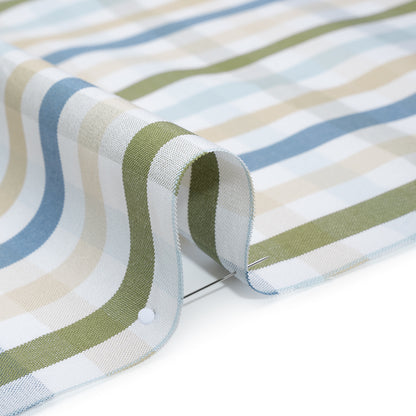 Cotton Oxford Shirting - Blue, Olive Green and Beige Plaid - Deadstock