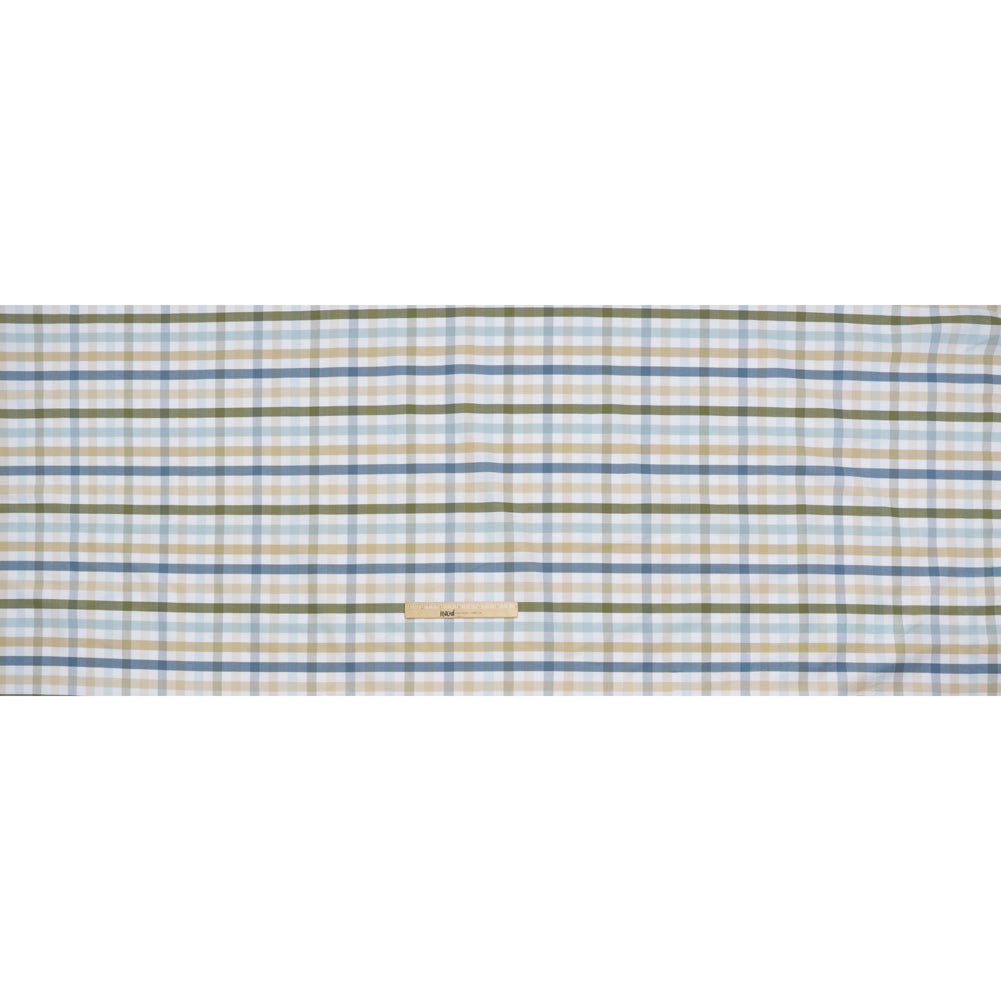 Cotton Oxford Shirting - Blue, Olive Green and Beige Plaid - Deadstock - Full