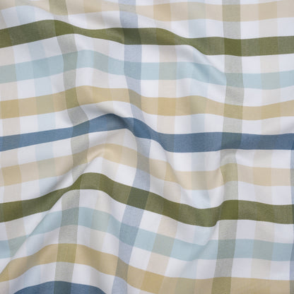 Cotton Oxford Shirting - Blue, Olive Green and Beige Plaid - Deadstock