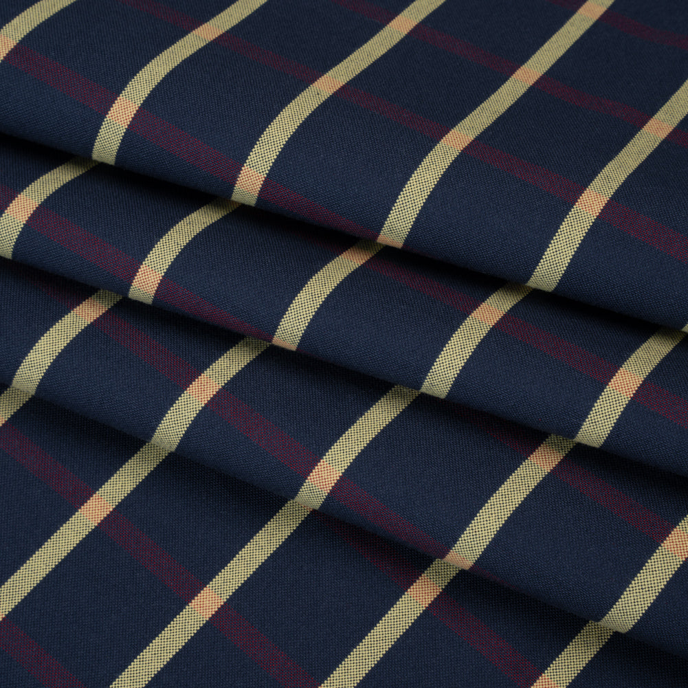 Cotton Oxford Shirting - Navy Blue, Red and Banana Yellow Windowpane Checks - Deadstock Folded