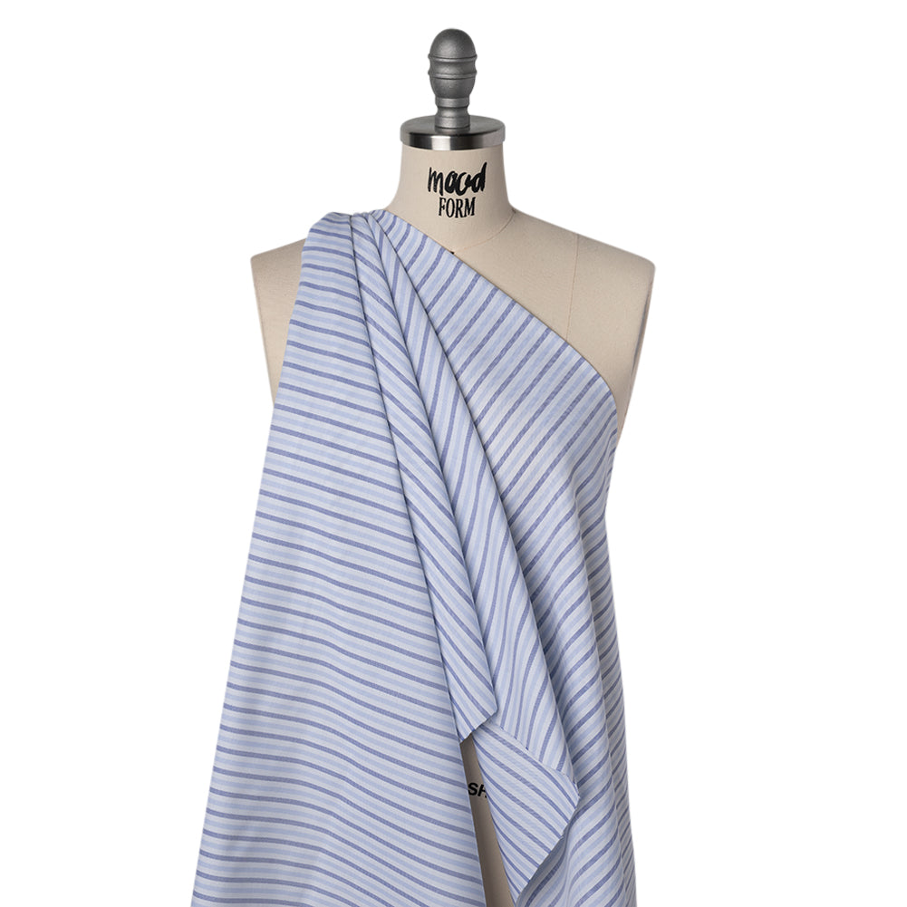 Cotton Oxford Shirting - Sky Blue, Cobalt and White Alternating Stripes - Designer Deadstock - Drape