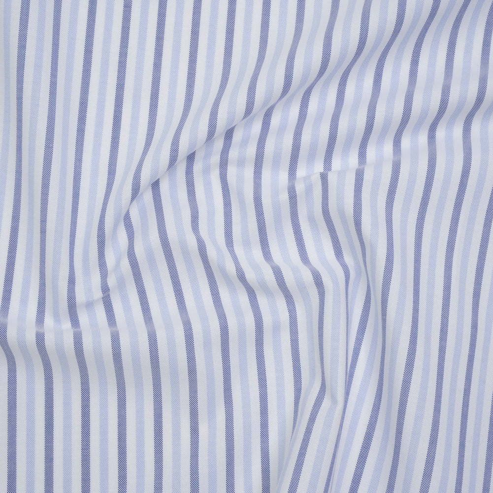 Cotton Oxford Shirting - Sky Blue, Cobalt and White Alternating Stripes - Designer Deadstock