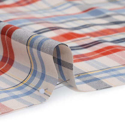 Cotton Oxford Shirting - Cream, Red and Blue Plaid - Deadstock