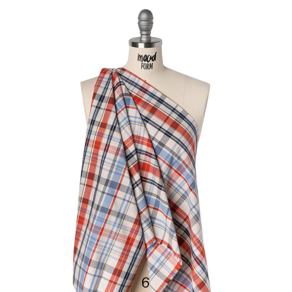 Cotton Oxford Shirting - Cream, Red and Blue Plaid - Deadstock - Drape