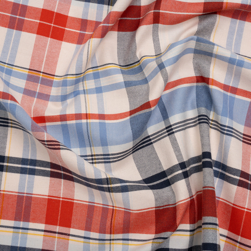 Cotton Oxford Shirting - Cream, Red and Blue Plaid - Deadstock
