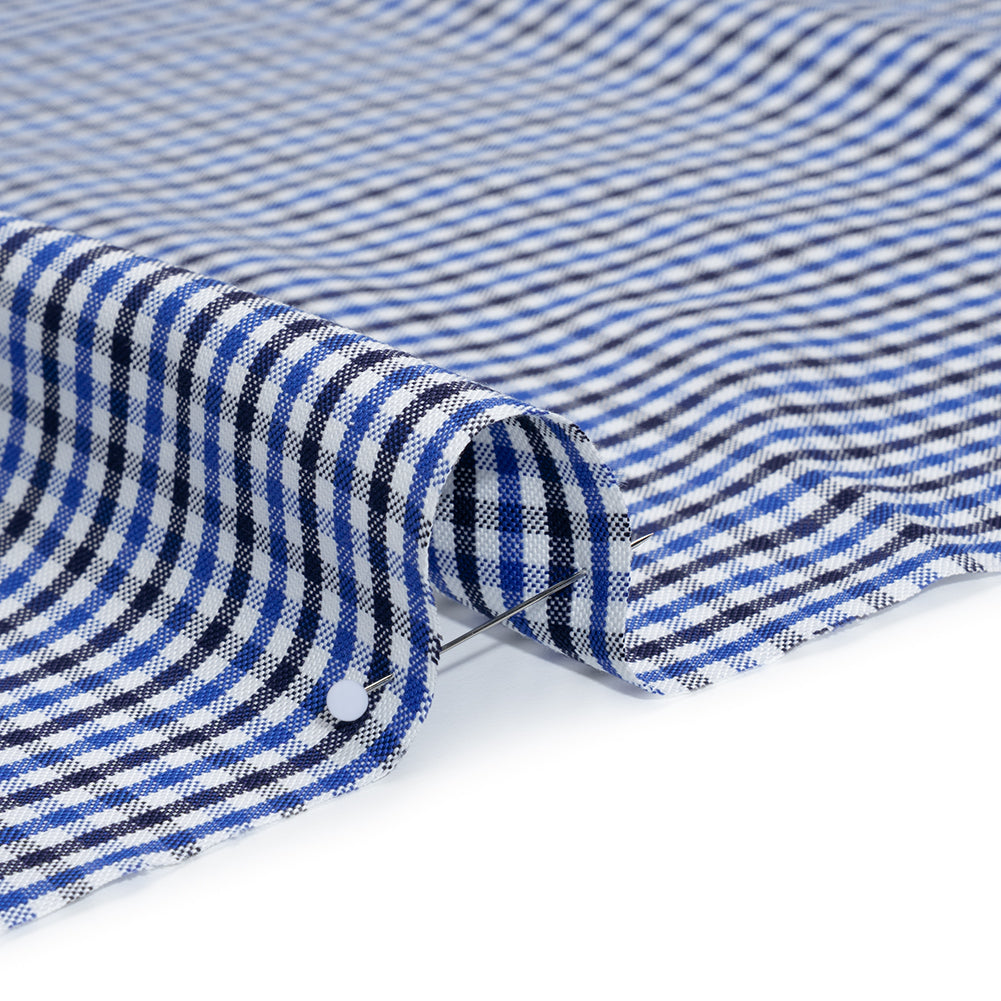 Cotton Oxford Shirting - Blue, Midnight and White Tattersall Check - Deadstock - Detail