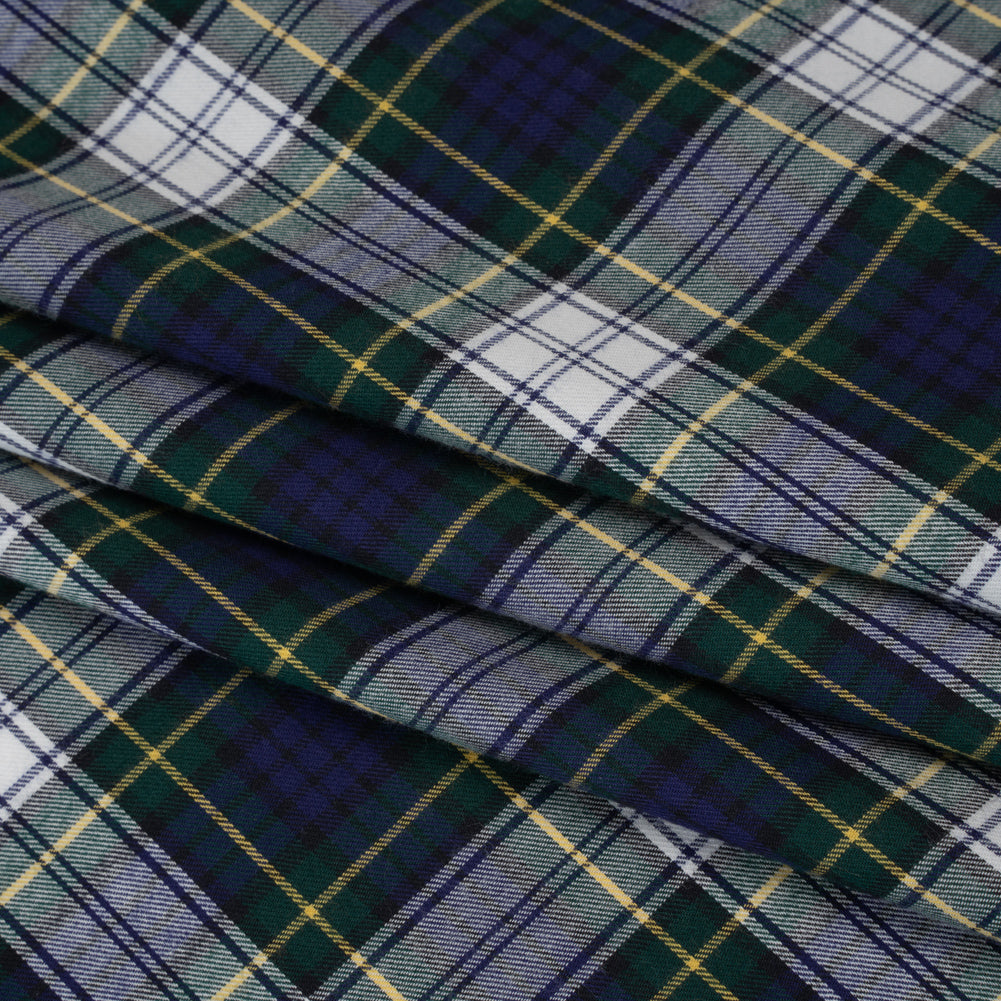Brushed Cotton Twill Shirting - Blue, Green and Yellow Plaid - Designer Deadstock - Folded