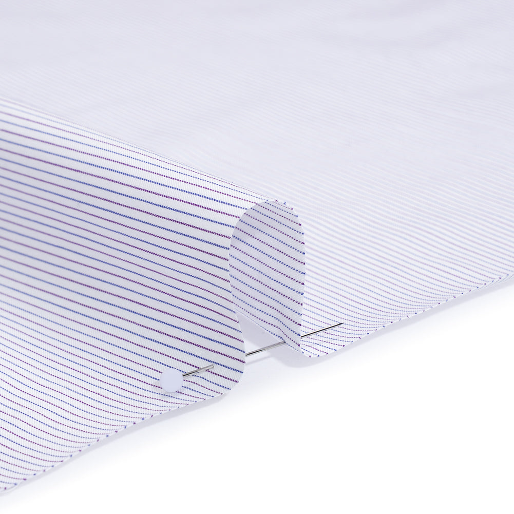 Cotton Twill Shirting - White, Blue and Purple Pinstripes - Deadstock - Detail