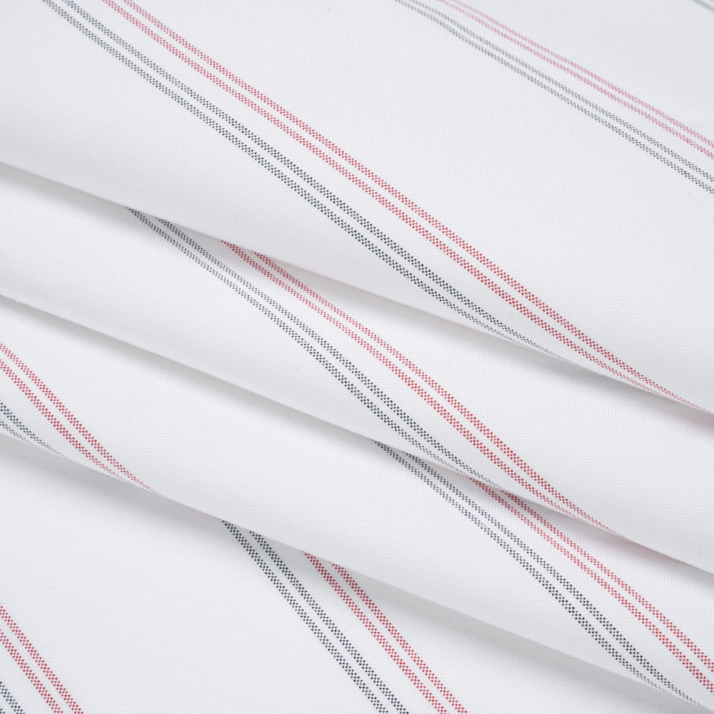 Cotton Oxford Shirting - White, Red and Navy Blue Paired Stripes - Deadstock - Folded