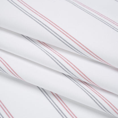 Cotton Oxford Shirting - White, Red and Navy Blue Paired Stripes - Deadstock