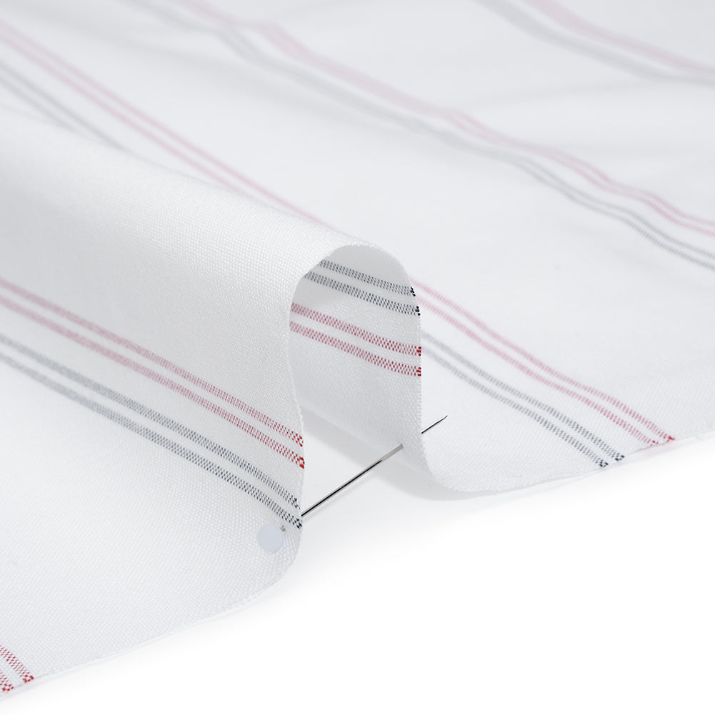 Cotton Oxford Shirting - White, Red and Navy Blue Paired Stripes - Deadstock - Detail