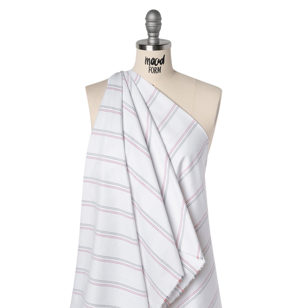 Cotton Oxford Shirting - White, Red and Navy Blue Paired Stripes - Deadstock - Drape