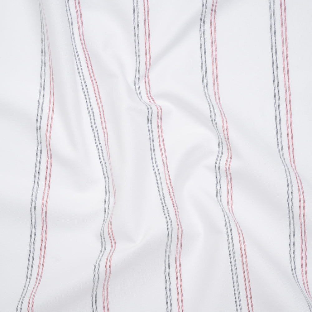Cotton Oxford Shirting - White, Red and Navy Blue Paired Stripes - Deadstock