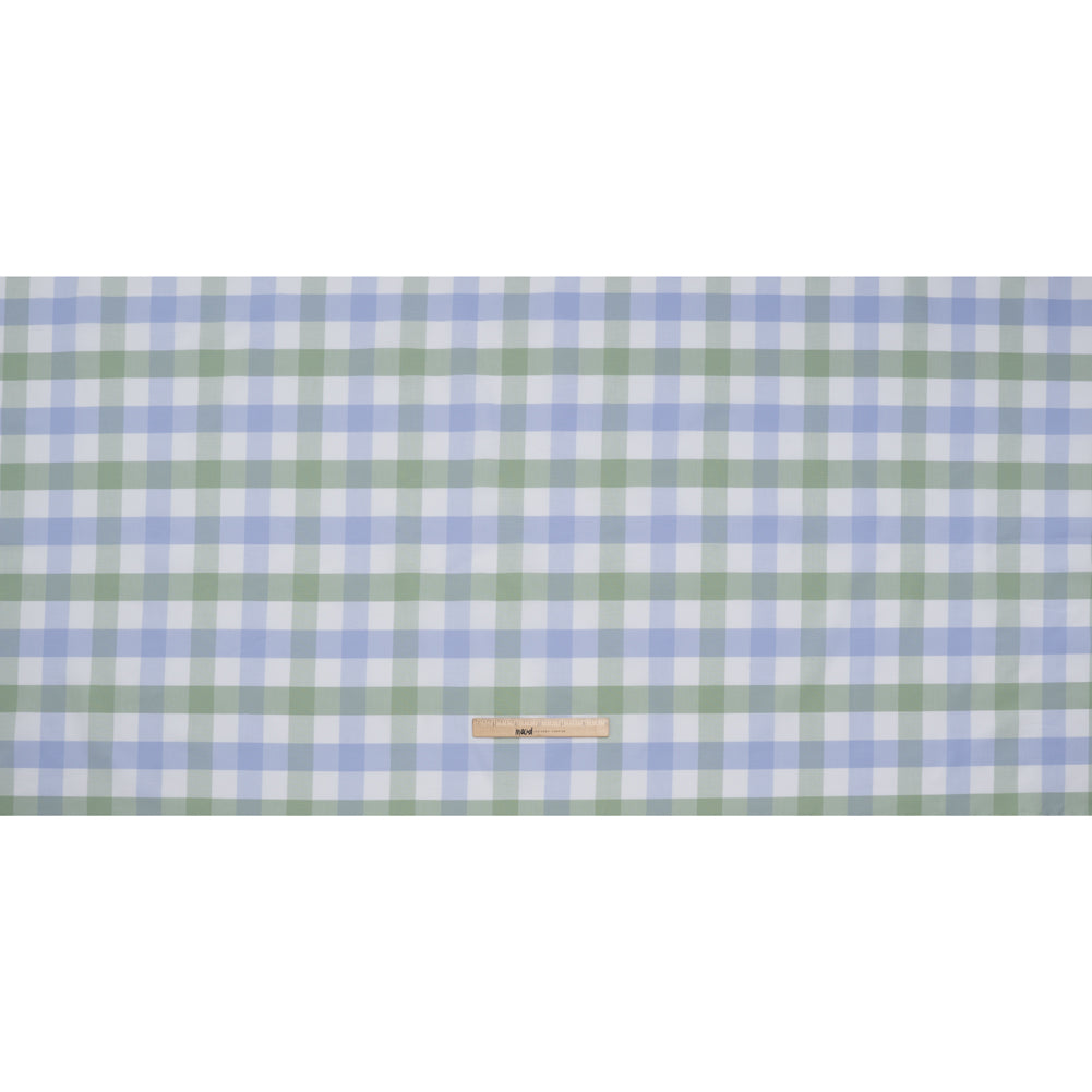Cotton Oxford Shirting - Light Blue, Sage Green and White Big Tattersall Checks - Deadstock - Full