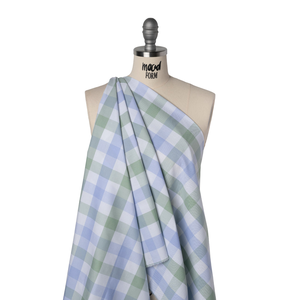 Cotton Oxford Shirting - Light Blue, Sage Green and White Big Tattersall Checks - Deadstock - Drape