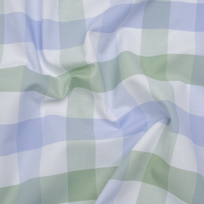 Cotton Oxford Shirting - Light Blue, Sage Green and White Big Tattersall Checks - Deadstock