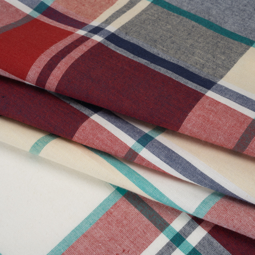Brushed Cotton Shirting - Red, Blue and Sea Green Plaid - Deadstock - Folded