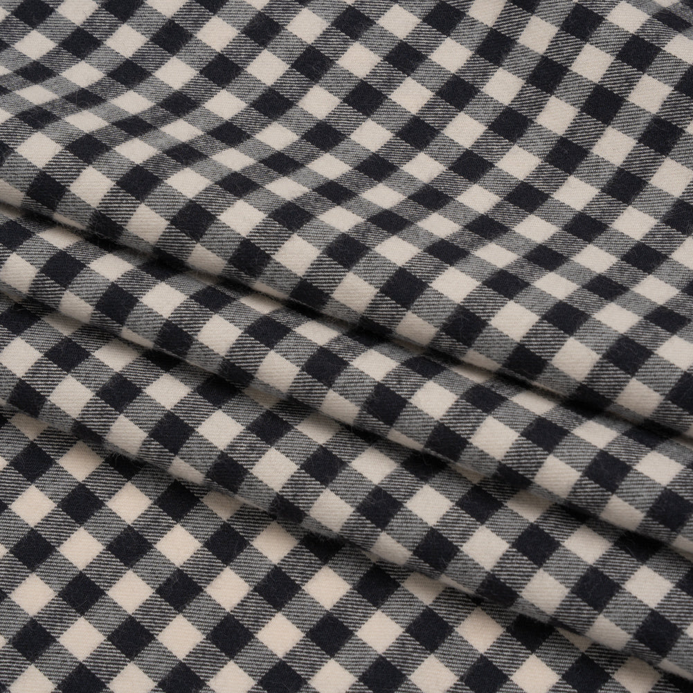 Brushed Cotton Twill Shirting Flannel - Black and Off White Checks - Designer Deadstock Folded