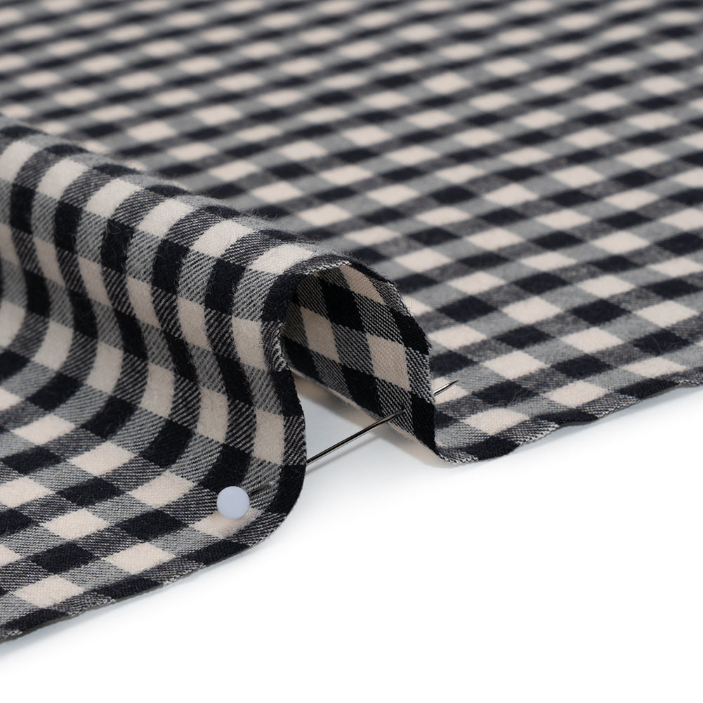 Brushed Cotton Twill Shirting Flannel - Black and Off White Checks - Designer Deadstock Detail