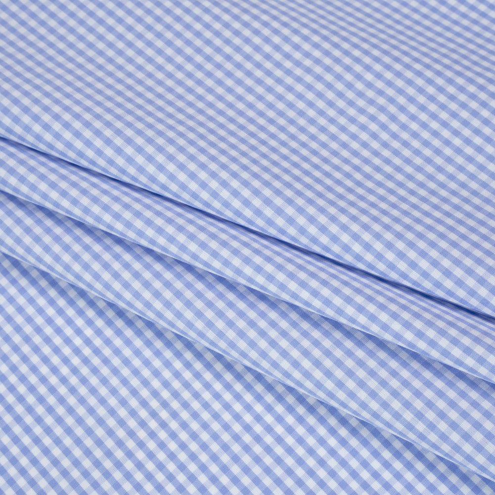 Cotton Gingham Shirting - Sky Blue and White Checks - Designer Deadstock - Folded