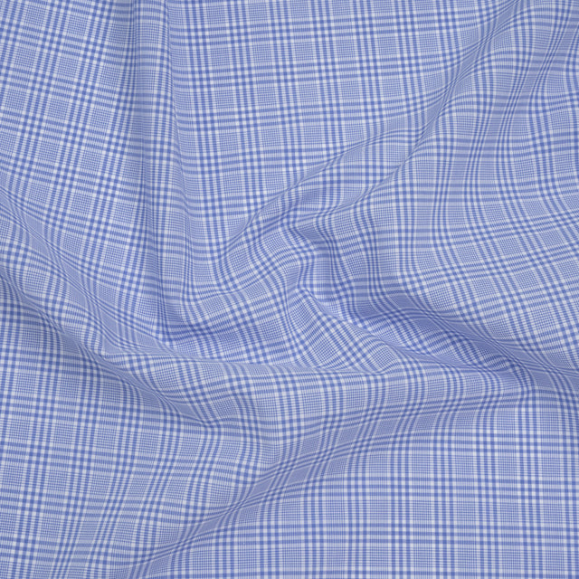 Cotton Shirting - Light Blue and White Checked Plaid - Designer Deadstock