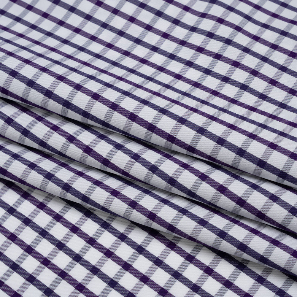 Cotton Twill Shirting - Navy Blue, Purple and White Tattersall Check - Designer Deadstock - Folded